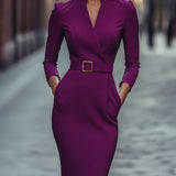 Nora | Refined Black Dress with Belt and Mandarin Collar