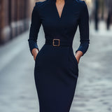 Nora | Refined Black Dress with Belt and Mandarin Collar