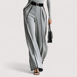 Nolia™  | Weißes Trim High-Neck Langarm-Top mit Weitbein-Hosen und Gürtel-Set