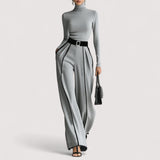 Nolia™  | Weißes Trim High-Neck Langarm-Top mit Weitbein-Hosen und Gürtel-Set