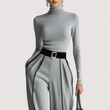 Nolia™  | Weißes Trim High-Neck Langarm-Top mit Weitbein-Hosen und Gürtel-Set