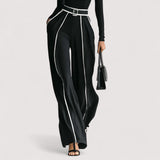 Nolia™  | Weißes Trim High-Neck Langarm-Top mit Weitbein-Hosen und Gürtel-Set