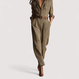 Ailina™ | Brown, elegant tweed texture check utility jumpsuit