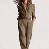 Ailina™ | Brown, elegant tweed texture check utility jumpsuit