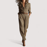 Ailina™ | Brown, elegant tweed texture check utility jumpsuit