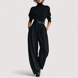 Orina™ | Black Turtleneck Long Sleeve T-Shirt and Straight Pants Two-Piece Set