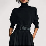 Orina™ | Black Turtleneck Long Sleeve T-Shirt and Straight Pants Two-Piece Set