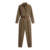Ailina™ | Brown, elegant tweed texture check utility jumpsuit
