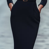 Nora | Refined Black Dress with Belt and Mandarin Collar