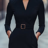 Nora | Refined Black Dress with Belt and Mandarin Collar