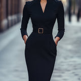 Nora | Refined Black Dress with Belt and Mandarin Collar