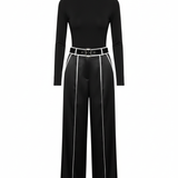 Nolia™  | Weißes Trim High-Neck Langarm-Top mit Weitbein-Hosen und Gürtel-Set