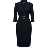 Nora | Refined Black Dress with Belt and Mandarin Collar